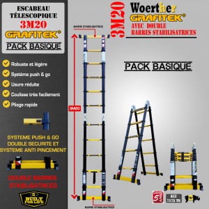 ECHELLE ESCABEAU WOERTHER DOUBLE FONCTIONS DOUBLE BARRES STABILISATRICES, GAMME GRAFITEK 3M20/1.6M - PACK BASIQUE