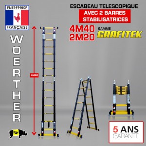 ECHELLE ESCABEAU WOERTHER DOUBLE FONCTIONS DOUBLE BARRES STABILISATRICES, GAMME GRAFITEK 4.40M/2.20M - PACK BASIQUE