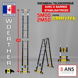 ECHELLE ESCABEAU WOERTHER DOUBLE FONCTIONS DOUBLE BARRES STABILISATRICES, GAMME GRAFITEK 5M/2.5M - PACK BASIQUE