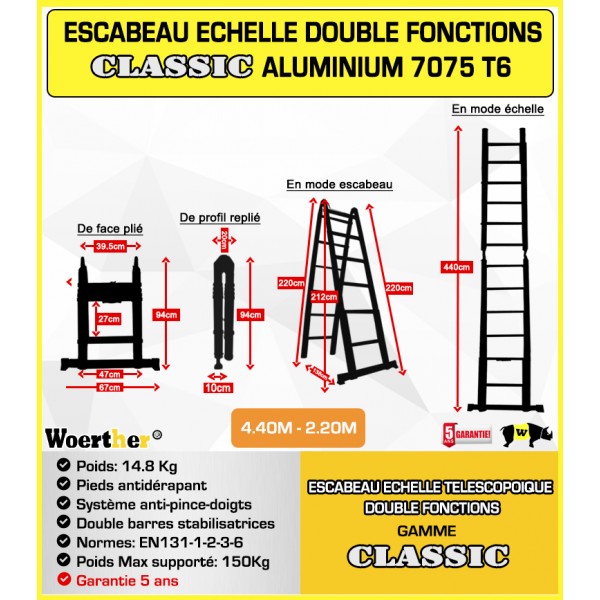 Echelle télescopique Woerther Grafitek 2m avec barre stabilisatrice - Plus  roulettes - Garantie 5 ans