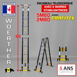 escabeau télescopique 5M/2M50 woerther, avec sa plateforme, en graphite, la  plus solide et rigide du marché