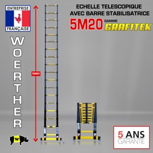 escabeau télescopique double barres stabilisatrices 5M60/2M80 woerther,  avec sa housse, en graphite