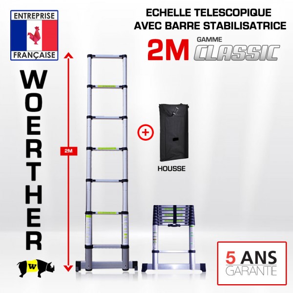 Echelle télescopique Woerther Grafitek 2m avec barre stabilisatrice - Plus  roulettes - Garantie 5 ans