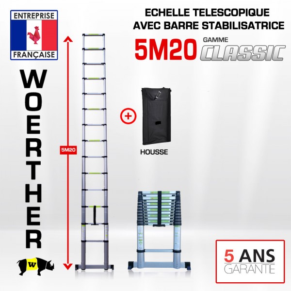 Echelle télescopique Woerther Grafitek 2m avec barre