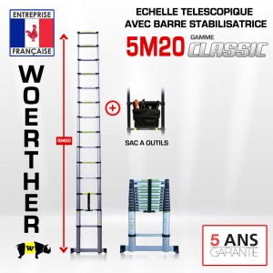 ÉCHELLE TÉLESCOPIQUE 5M20 CLASSIC AVEC BARRE STABILISATRICE + SAC A OUTILS