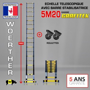 ÉCHELLE TÉLESCOPIQUE 5M20 GRAFITEK AVEC ROULETTES