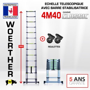 ÉCHELLE TÉLESCOPIQUE 4M40 CLASSIC AVEC BARRE STABILISATRICE + ROULETTES