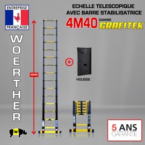 ÉCHELLE TÉLESCOPIQUE 4M40 GRAFITEK AVEC BARRE STABILISATRICE + HOUSSE