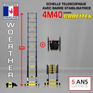 ÉCHELLE TÉLESCOPIQUE 4M40 GRAFITEK AVEC BARRE STABILISATRICE + SAC A OUTILS