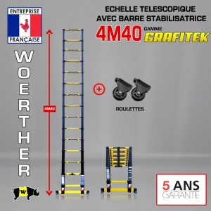 ÉCHELLE TÉLESCOPIQUE 4M40 GRAFITEK AVEC BARRE STABILISATRICE + ROULETTES