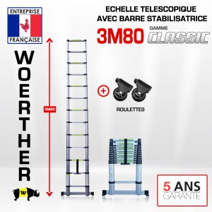 ECHELLE TELESCOPIQUE 3,80M + PAIRE DE ROULETTES