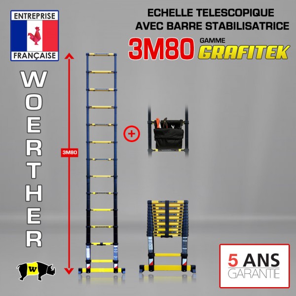 Woerther N°1 de l'escabeau télescopique et pliant - ECHELLE TELESCOPIQUE 3,80M  GRAFITEK + SAC A OUTILS