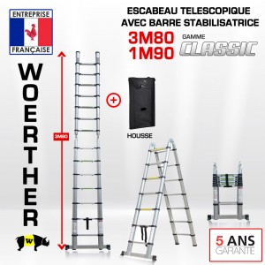 ECHELLE ESCABEAU WOERTHER DOUBLE FONCTIONS, GAMME CLASSIC 3M80/1.9M - AVEC HOUSSE