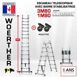 ECHELLE ESCABEAU WOERTHER DOUBLE FONCTIONS, GAMME CLASSIC 3M80/1.9M - AVEC ROULETTES