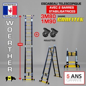 Echelle télescopique aluminium 13 marches H 5,2 m avec barre stabilisatrice