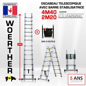 ECHELLE ESCABEAU WOERTHER DOUBLE FONCTIONS, GAMME CLASSIC 4M40/2M20 - AVEC SAC A OUTILS