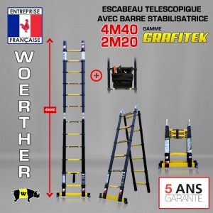ECHELLE ESCABEAU WOERTHER DOUBLE FONCTIONS, GAMME GRAFITEK 4.40M/2.20M - AVEC SAC A OUTILS