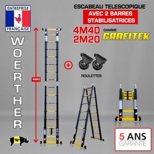 ECHELLE ESCABEAU DOUBLE FONCTIONS DOUBLE BARRES STABILISATRICES, GRAFITEK 4.40M/2.20M - AVEC ROULETTES