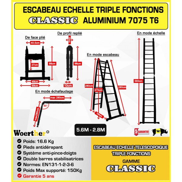 escabeau télescopique double barres stabilisatrices 5M/2M50 woerther, avec  sa housse, en graphite