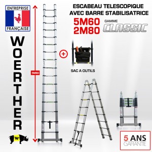 ECHELLE ESCABEAU WOERTHER DOUBLE FONCTIONS, GAMME CLASSIC 5M60/2M80 - PACK 2 AVEC SAC A OUTILS