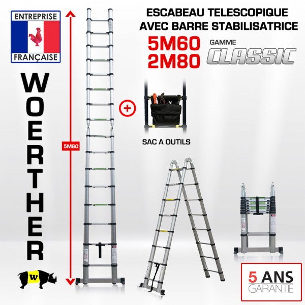 escabeau télescopique double barres stabilisatrices 5M/2M50 woerther, avec  sa housse, en graphite