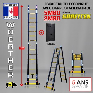 ECHELLE ESCABEAU WOERTHER DOUBLE FONCTIONS, GAMME GRAFITEK 5.60M/2.8M - AVEC HOUSSE