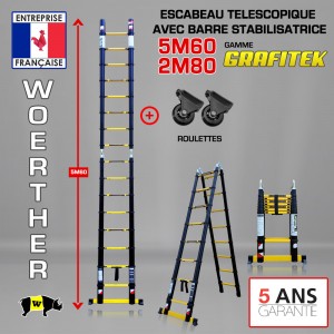 ECHELLE ESCABEAU WOERTHER DOUBLE FONCTIONS, GAMME GRAFITEK 5.60M/2.8M - AVEC ROULETTES