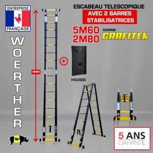 ECHELLE ESCABEAU WOERTHER DOUBLE FONCTIONS DOUBLE BARRES STABILISATRICES, GAMME GRAFITEK 5.60M/2.8M - AVEC HOUSSE