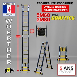 ECHELLE ESCABEAU WOERTHER 2 FONCTIONS 2 BARRES STABILISATRICES, GAMME GRAFITEK 5.60M/2.8M - AVEC SAC A OUTILS