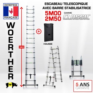 ECHELLE ESCABEAU WOERTHER DOUBLE FONCTIONS, GAMME CLASSIC 5M/2M50 - AVEC HOUSSE