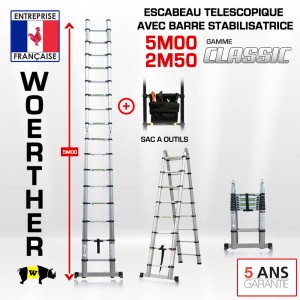 ECHELLE ESCABEAU WOERTHER DOUBLE FONCTIONS, GAMME CLASSIC 5M/2M50 - PACK 2 AVEC SAC A OUTILS