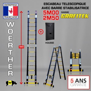 ECHELLE ESCABEAU WOERTHER DOUBLE FONCTIONS, GAMME GRAFITEK 5M/2.5M - AVEC HOUSSE