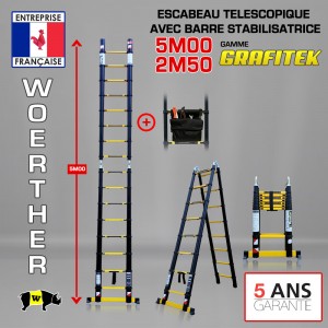 escabeau télescopique double barres stabilisatrices 5M/2M50 woerther, avec  sa housse, en graphite