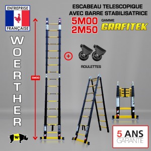 ECHELLE ESCABEAU WOERTHER DOUBLE FONCTIONS, GAMME GRAFITEK 5M/2.5M - AVEC ROULETTES