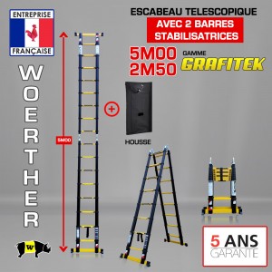 ECHELLE ESCABEAU WOERTHER DOUBLE FONCTIONS DOUBLE BARRES STABILISATRICES, GAMME GRAFITEK 5M/2.5M - AVEC HOUSS DE TRANSPORT