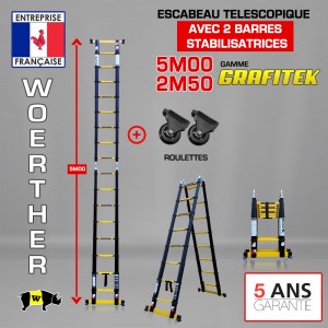 ECHELLE ESCABEAU WOERTHER 2 FONCTIONS 2 BARRES STABILISATRICES, GAMME GRAFITEK 5M/2.5M - AVEC ROULETTES