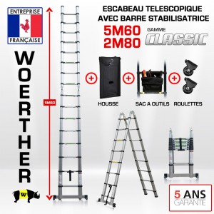 ECHELLE ESCABEAU WOERTHER DOULE FONCTIONS, GAMME CLASSIC 5M60/2M80 - AVEC HOUSSE, SAC A OUTILS ET ROULETTES