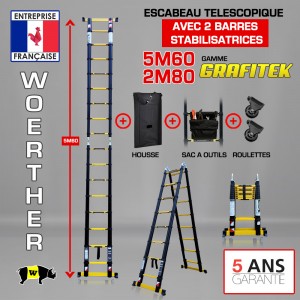 ESCABEAU 2 FONCTIONS - 2 BARRES STABILISATRICES, GRAFITEK 5.60M/2.8M - AVEC HOUSSE, SAC A OUTILS ET ROULETTES