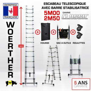 ECHELLE ESCABEAU WOERTHER DOUBLE FONCTIONS, GAMME CLASSIC 5M/2M50 - AVEC HOUSSE, SAC A OUTILS ET ROULETTES