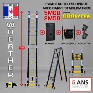 ECHELLE ESCABEAU WOERTHER DOUBLE FONCTIONS, GAMME GRAFITEK 5M/2.5M - AVEC HOUSSE, SAC A OUTILS ET ROULETTES