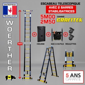 ESCABEAU 2 FONCTIONS 2 BARRES STABILISATRICES, GAMME GRAFITEK 5M/2.5M - AVEC HOUSSE, SAC A OUTILS ET ROULETTES