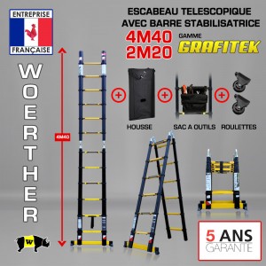 ECHELLE ESCABEAU WOERTHER DOUBLE FONCTIONS, GAMME GRAFITEK 4.40M/2.20M - AVEC HOUSSE, SAC A OUTILS ET ROULETTES