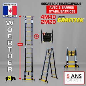 ECHELLE ESCABEAU WOERTHER DOUBLE FONCTIONS DOUBLE BARRES STABILISATRICES, GRAFITEK 4.40M/2.20M - AVEC SAC A OUTILS