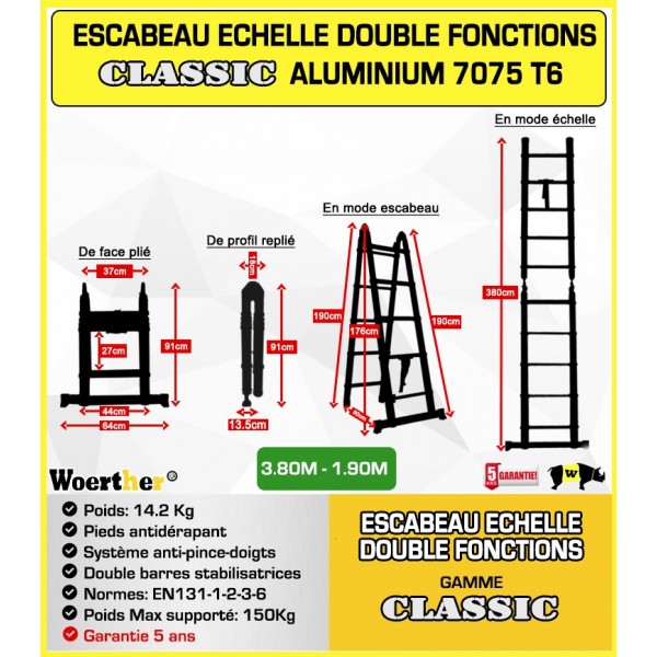 ESCABEAU-ÉCHELLE TÉLESCOPIQUE WOERTHER Double Fonctions / 3M80-1M90 / avec  Plateforme/MODÈLE GRAFITEK, en Graphite ET Aluminium 7175T6 / avec Doubles