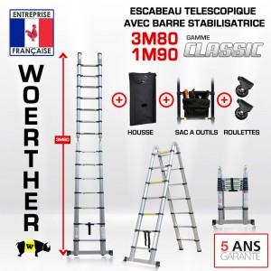 Echelle-escabeau télescopique 3,8m/1,9m avec housse, sac à outils