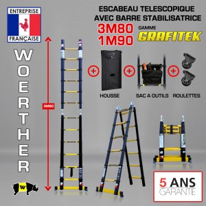 ECHELLE ESCABEAU WOERTHER 2 FONCTIONS, GAMME GRAFITEK 3M80/1.9M - AVEC HOUSSE, SAC A OUTILS ET ROULETTES