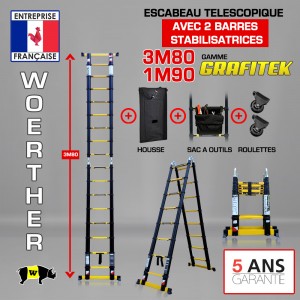 ECHELLE ESCABEAU 2 FONCTIONS 2 BARRES STABILISATRICES, GRAFITEK 3.8M/1.9M - AVEC HOUSSE, SAC A OUTILS ET ROULETTES
