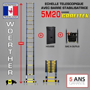 ÉCHELLE TÉLESCOPIQUE 5M20 GRAFITEK AVEC HOUSSE ET SAC A OUTILS