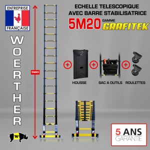 ÉCHELLE TÉLESCOPIQUE 5M20 GRAFITEK AVEC HOUSSE, SAC A OUTILS ET ROULETTES