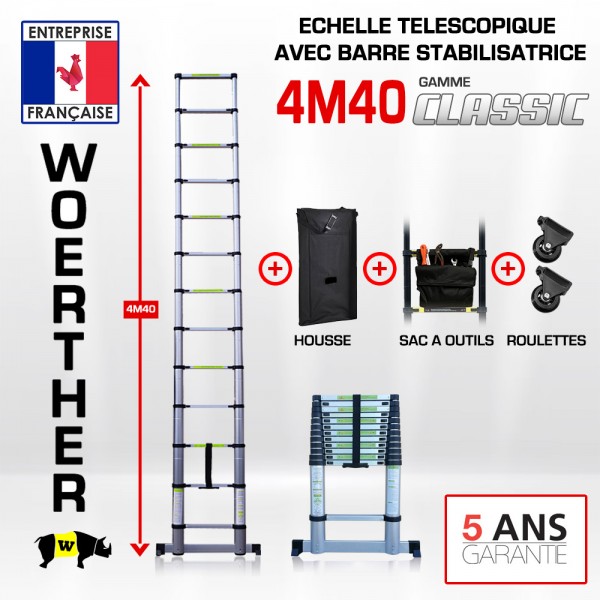 échelle télescopique 4M40, en aluminium, avec sa housse de transport et  plateforme multifonction, disponible en gamme grafitek.